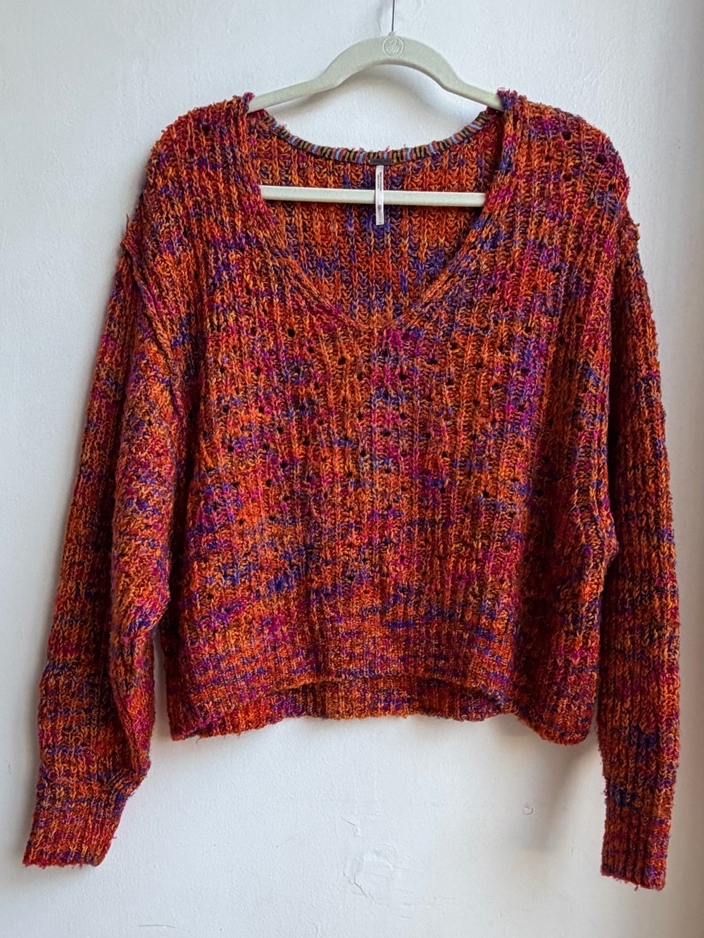 Free People Size XS Marled Chunky Knit V-Neck Sweater Cropped Orange Purple Boho